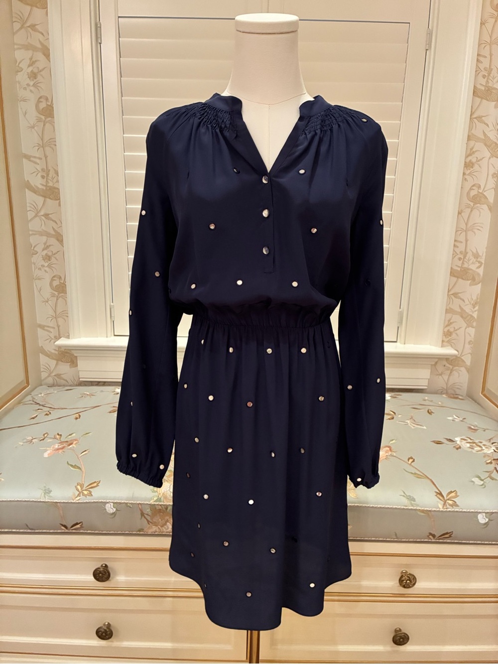Lilly Pulitzer Silk Turner Dress Navy Blue Long-Sleeve w/ Mirror Dot Accent NWT